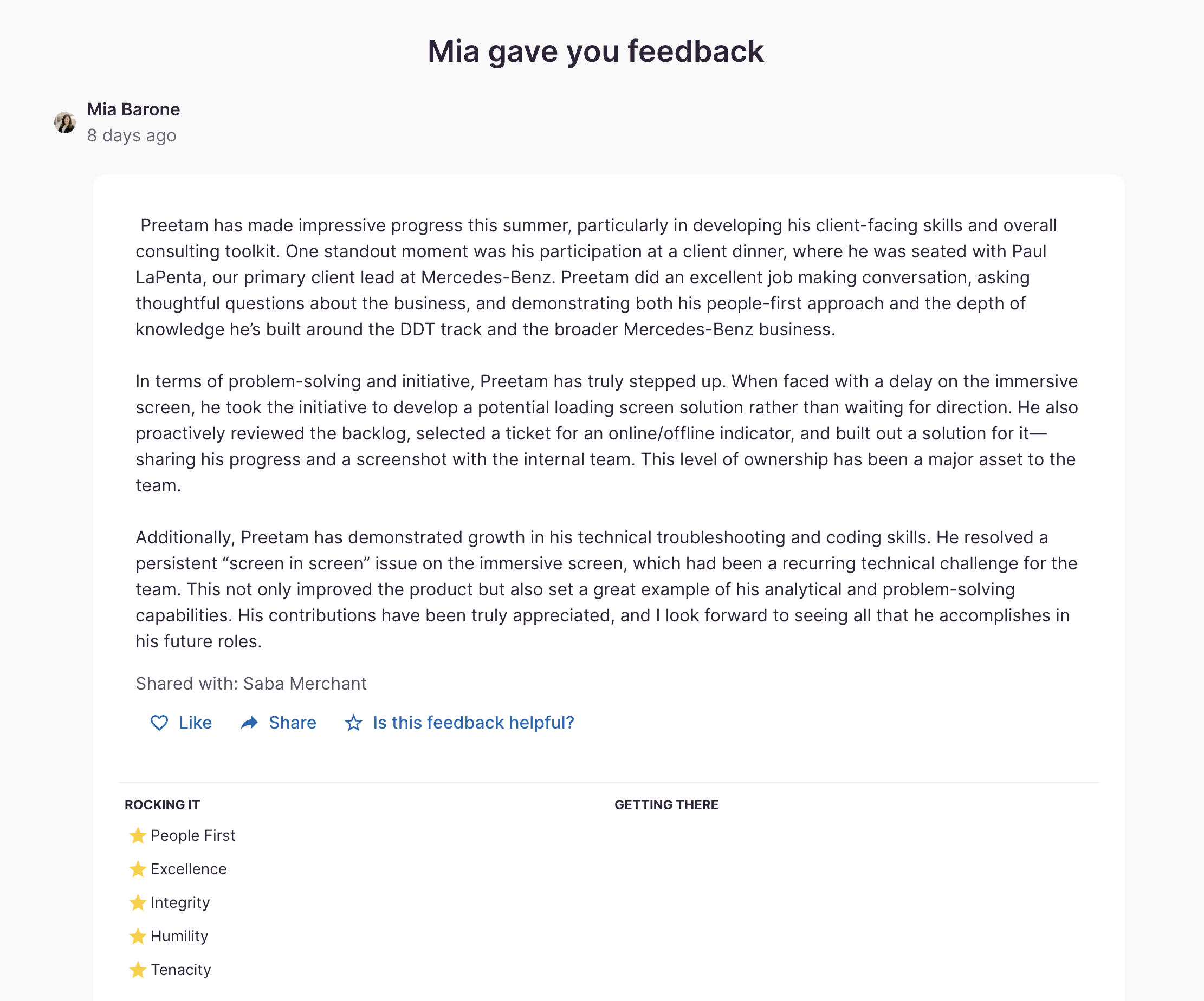 Peer feedback screenshot from a Credera colleague